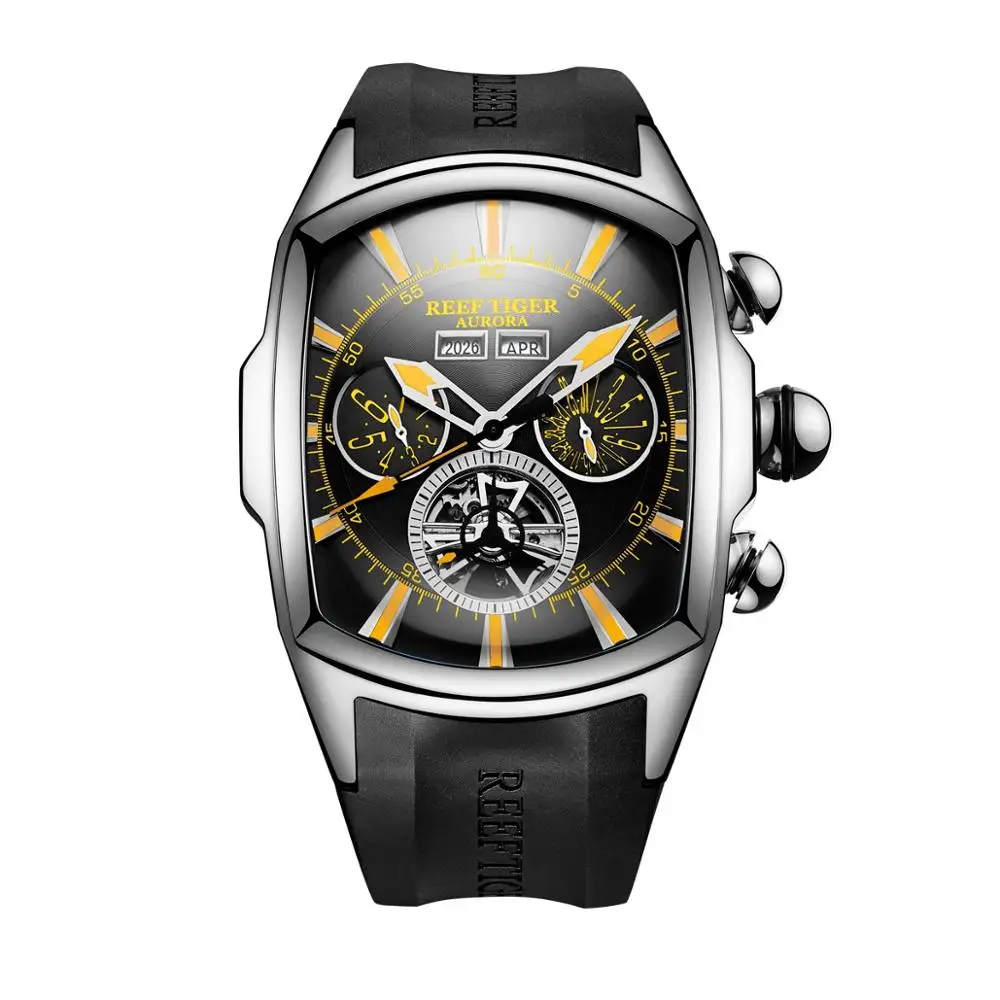 Reef Tiger Herren Automatikuhr 45mm Tonneau Mechanische Armbanduhr Wasserdicht Leuchtend Multi-Zifferblatt Jahr Monat Woche Datum Schwungrad