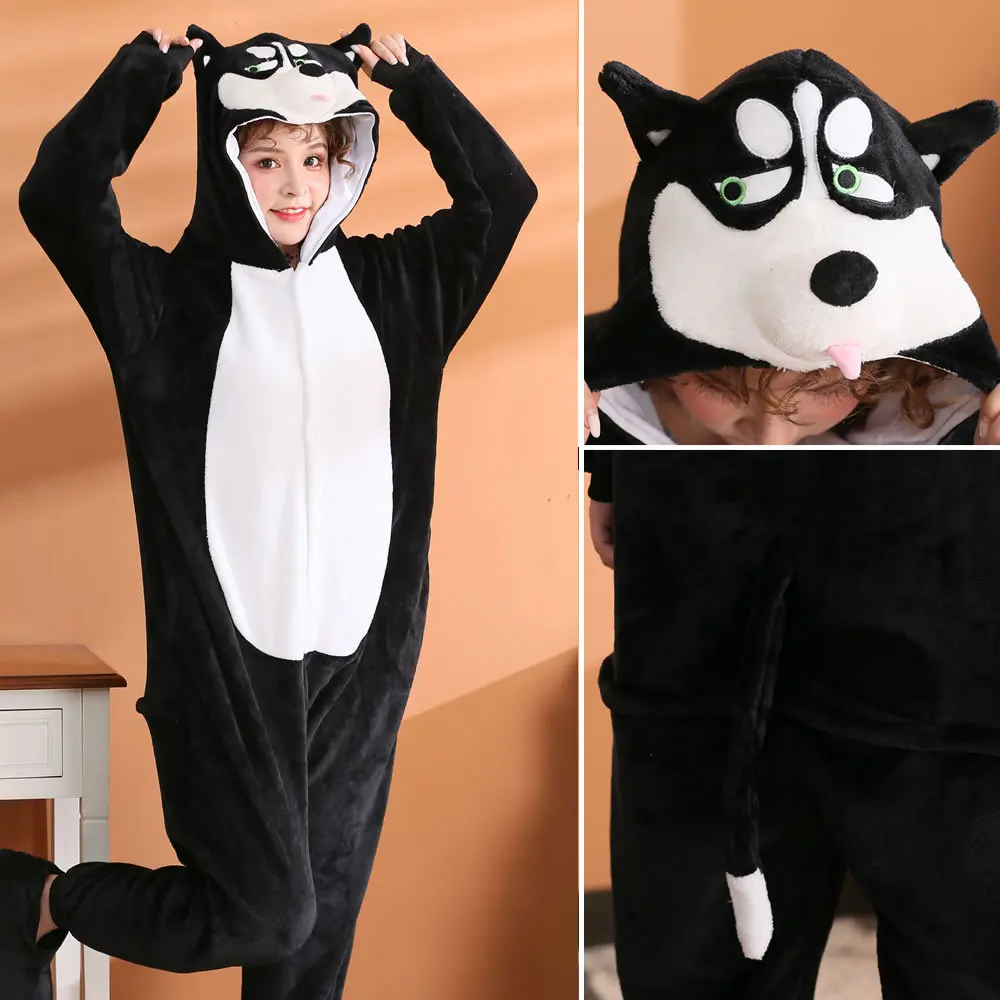 

Flannel Black Adult Kigurumi Husky Dog Onesie Cartoon Pajama Animal Halloween Party Costume Jumpsuits Hooded Pyjamas Suit Outfit