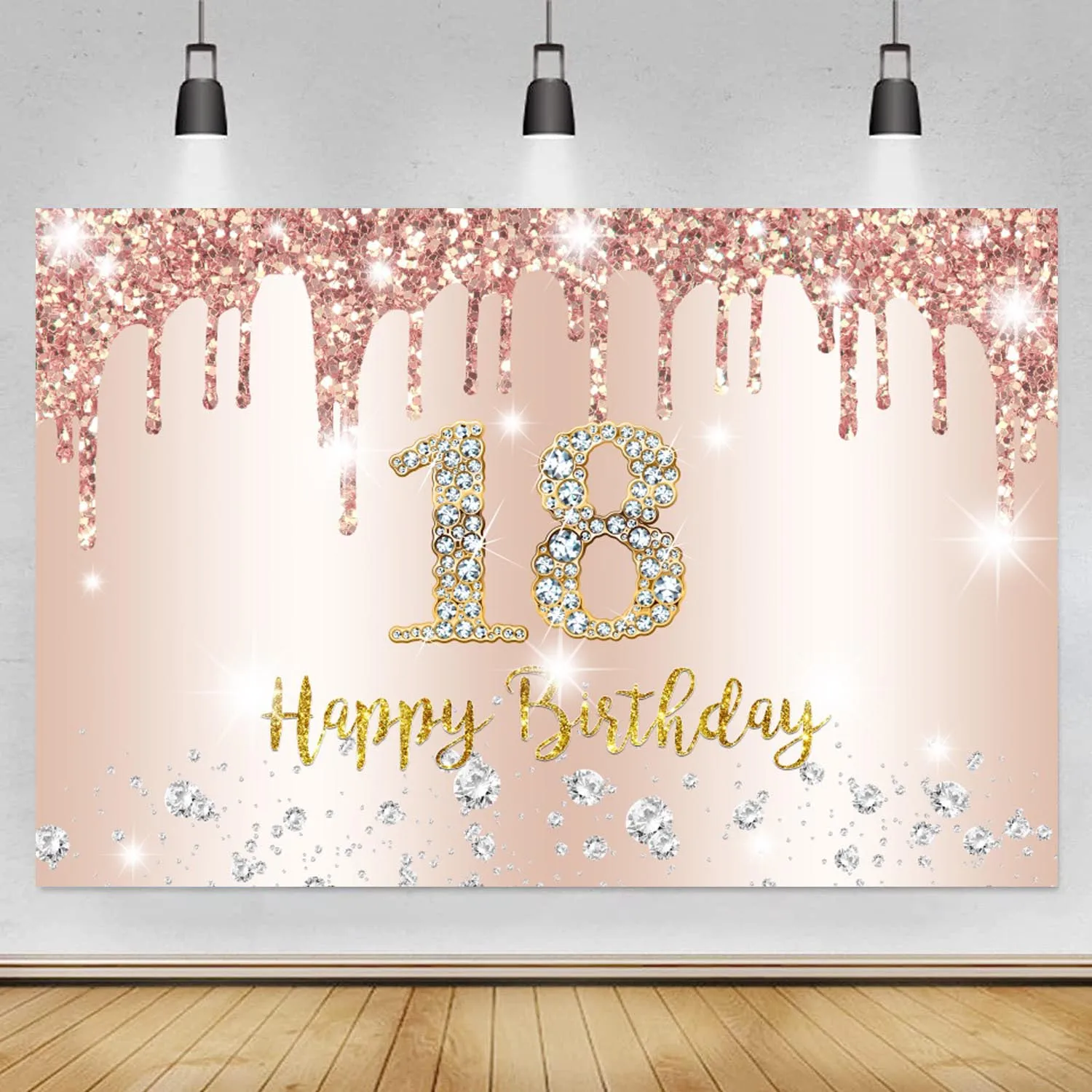 

18th Birthday Backdrop Rose Gold Glitter Diamonds Photo Background Boys Girls Birthday Party Decorations Cake Table Banner