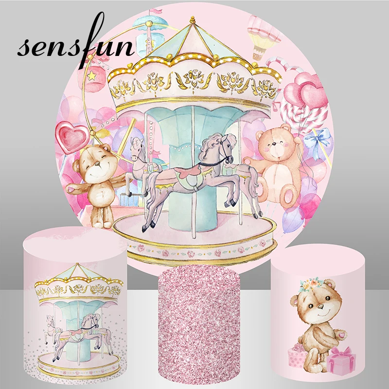 Sensfun Pink Amusement Park Carousel Round Backdrop Cover Girls Newborn Baby Shower 1st Birthday Party Background Plinth Covers