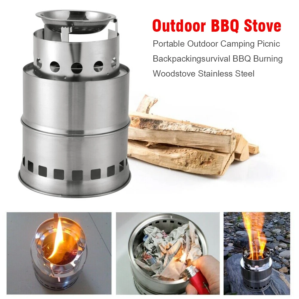 Portable Stainless Steel Outdoor Camping Survival Wood Stove Picnic BBQ Burner