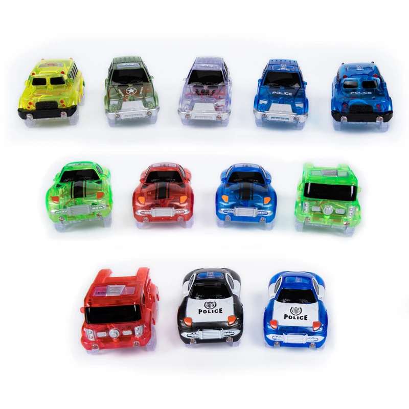 Carros de corrida pista mágica com luzes coloridas, diy, corrida de plástico, rack que brilha no escuro, presentes criativos de brinquedos para