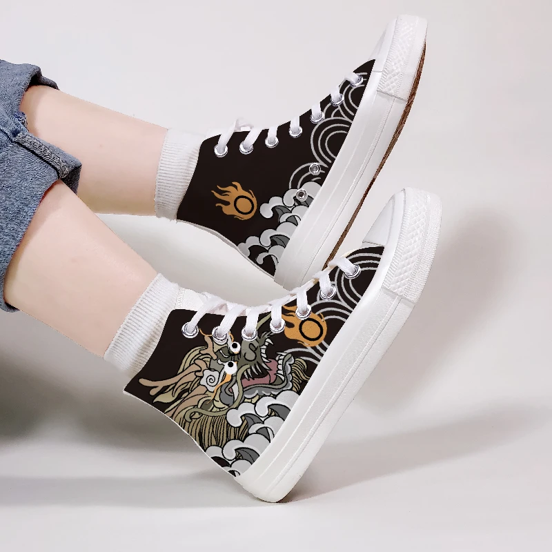 Amy and Michael Original Designers Sneakers Women Fashion Dragon High Top Hand Painted Canvas Shoes Individual Graffiti Hi Tops