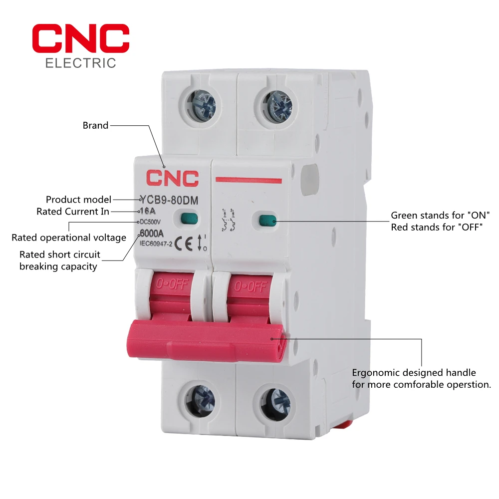 CNC YCB9-80DM 2P DC MCB 6kA 500V Mini Circuit Breaker 16A 20A 25A 32A 40A 50A DC Aafety Protection