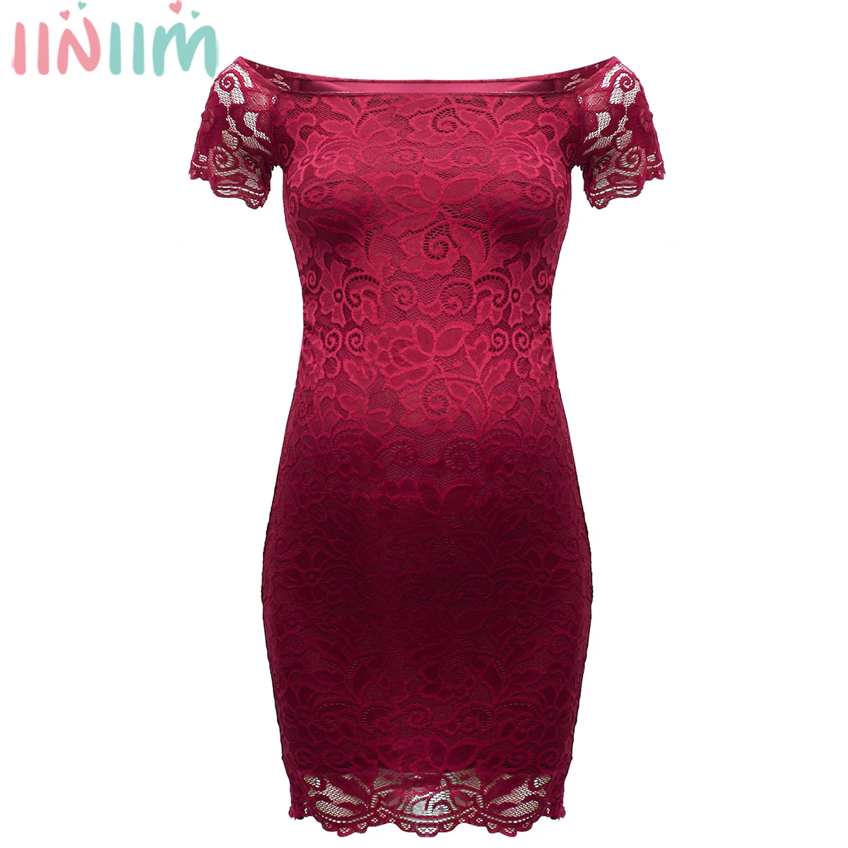 Iiniim elegante abito da donna in pizzo floreale premaman con spalle scoperte abito da cerimonia formale da sera a maniche corte in gravidanza