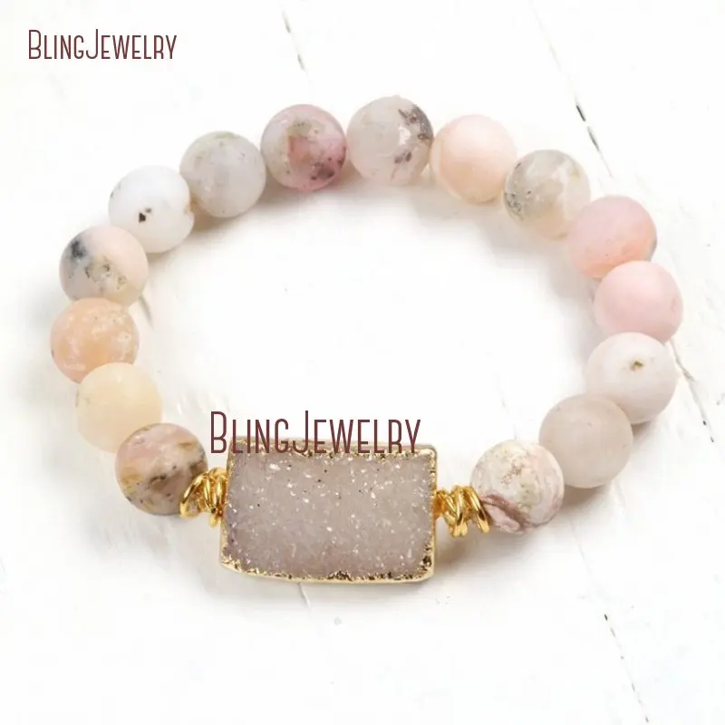 Matte Pink Peruvian Opal Agate Druzy Bar  Lava Cube Bracelet BM33069