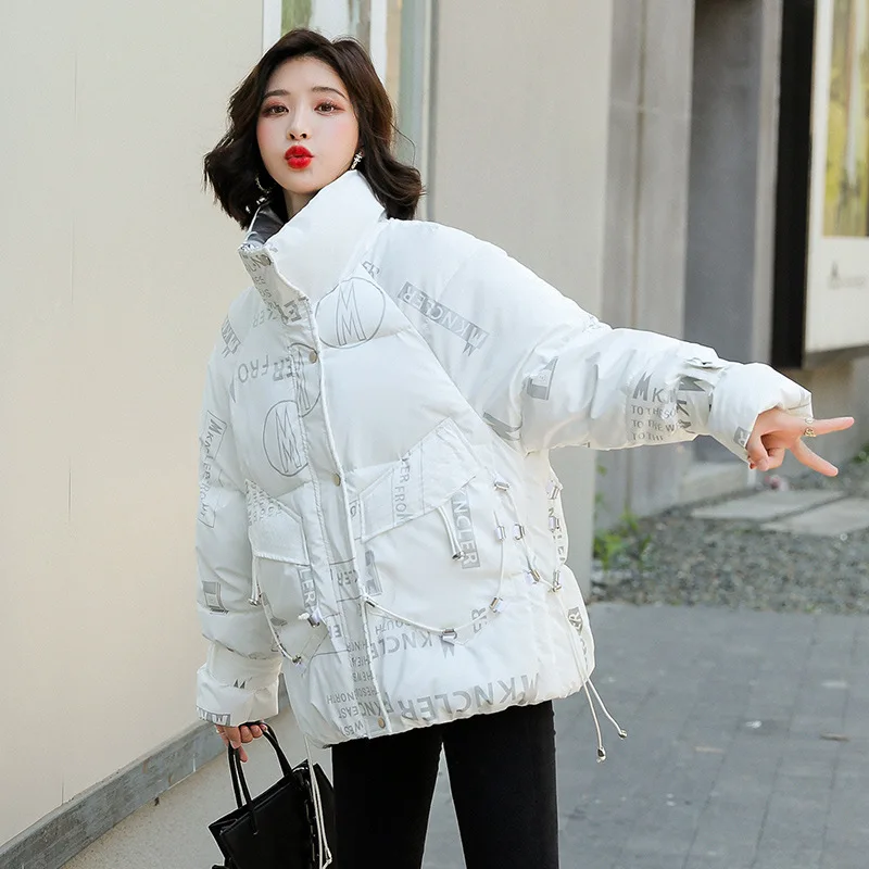 Winter Shiny Down Padded Jacket Women 2021Female Thick Warm Down Cotton Parkas Fashion Stand-up Collar Printing Women's Coat