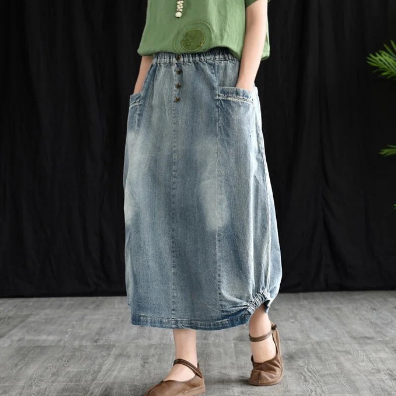 

Denim Vintage Skirts Woman Fashion Loose Elastic Waist Casual Skirts Plus Size Womens A Line Ankle Length Long Jeans Skirts