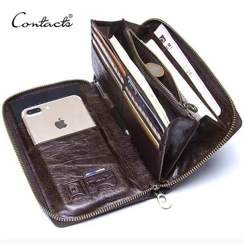 Genuine Leather Men’s Clutch Wallet with Zipper Contact’S