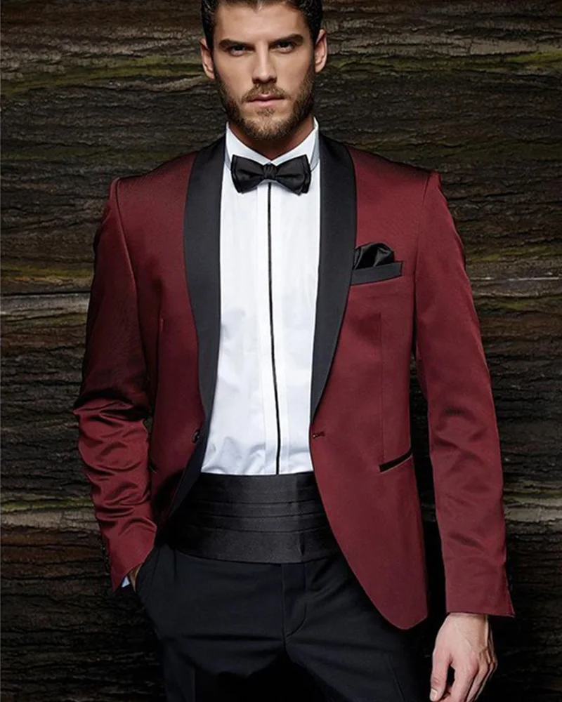 

2pcs Burgundy Jacket Black Pants Men's Suits for Wedding Shawl Lapel Custom Made Suits Tailored Dinner Party Wear Male Suits Set