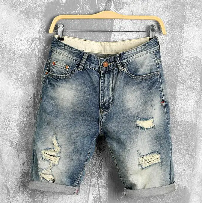 Summer New Men Leather stitching Ripped Straight Jeans Short Fashion Casual Holes Bermuda Retro Cargo Denim jogger shorts