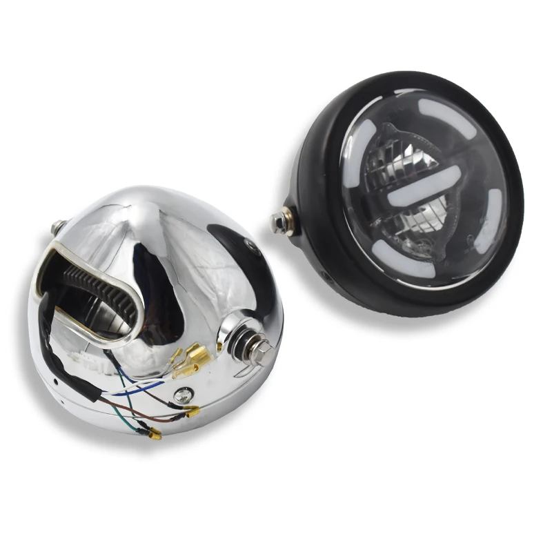E-stamp 6.5 Inch Universal Retro Motorcycle Modification LED Headlight with Grille Cover Warm Temperatur Driving Light GN125 250