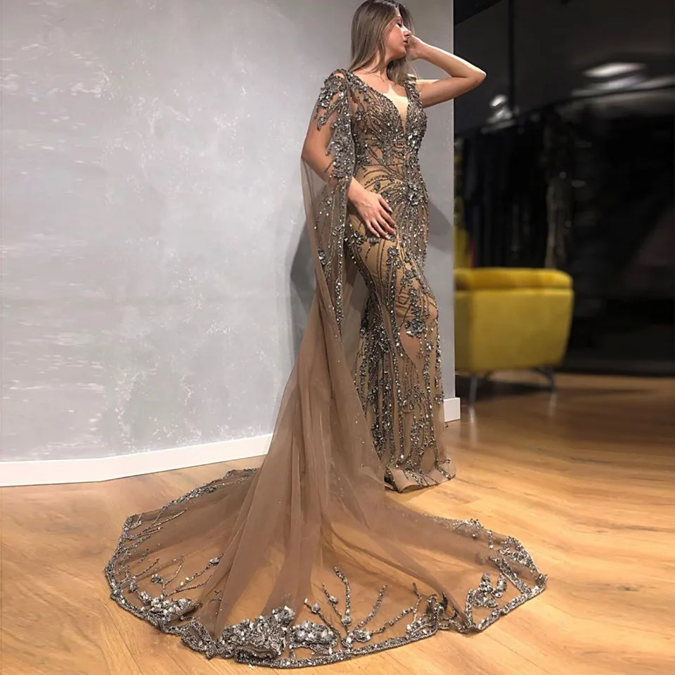 Dubai Crystal Rhinestone Mermaid Evening Costume 2024 With Cape Luxury Beaded Champagne Long Prom Gowns Modest Party Dress