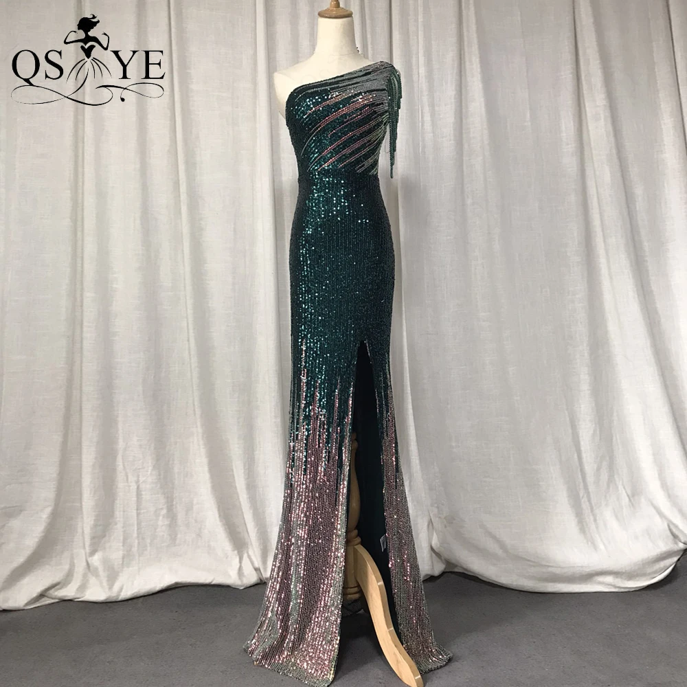 

Beading Straps One Shoulder Green Prom Dresses Sparkle Colorful Sequins Evening Gown Fade Sequin Open Split Long Party Dress New