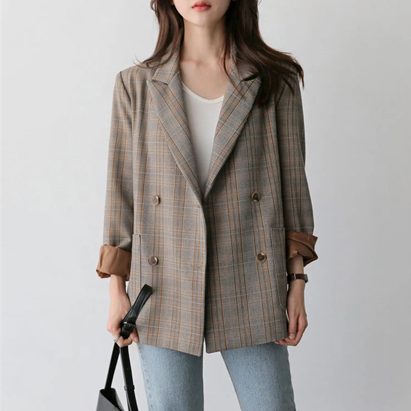 Vintage Notch-collar Double Breasted Plaid Blazer Women Full Sleeve Loose Female Grid Suit Coat Autumn Women Jacket  2019