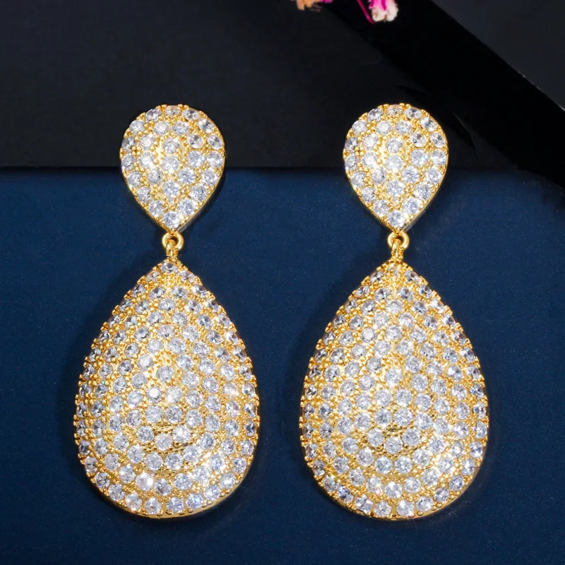 CWWZircons Classic Long Big Water Drop Indian Gold Color Luxury Micro Pave CZ Earrings Dubai Bridal Wedding Jewelry CZ652