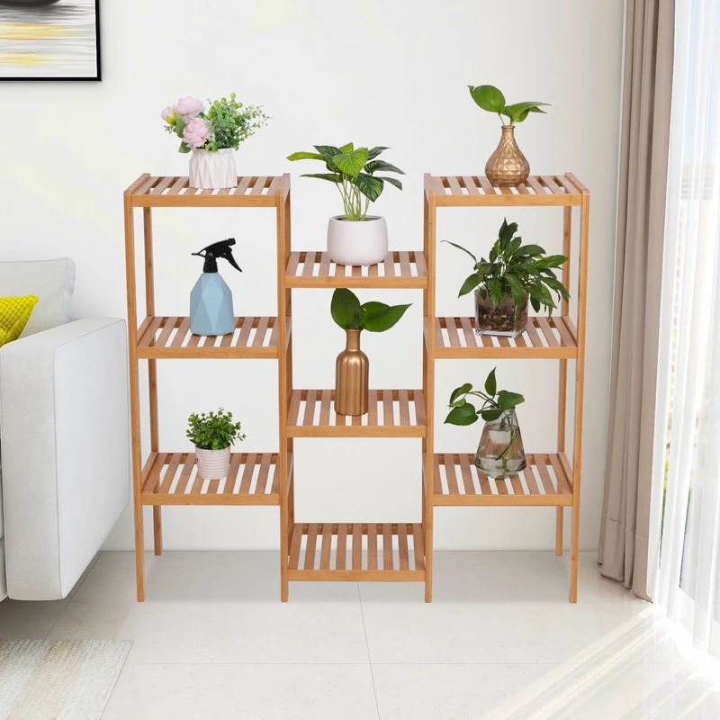 High-Grade Plant Shelf Multi-Functional 9-Layer Storage Rack Flower Pot Display Stand 100% Bamboo 96x90x33CM Natural[US-Stock]