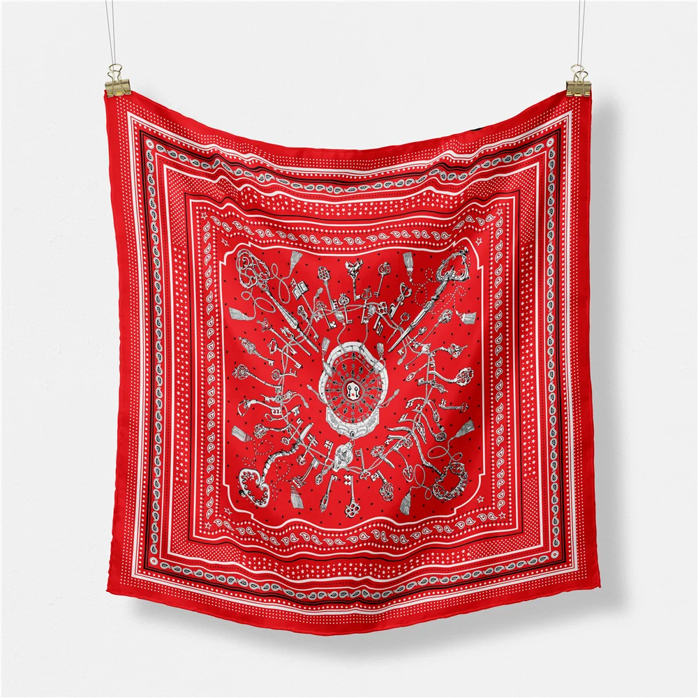 Twill Silk Scarf Woman Key Chain Painting Square Scarves Wraps Bandana Small Hijab Silk Foulards Tie Headband Neckerchief 53CM