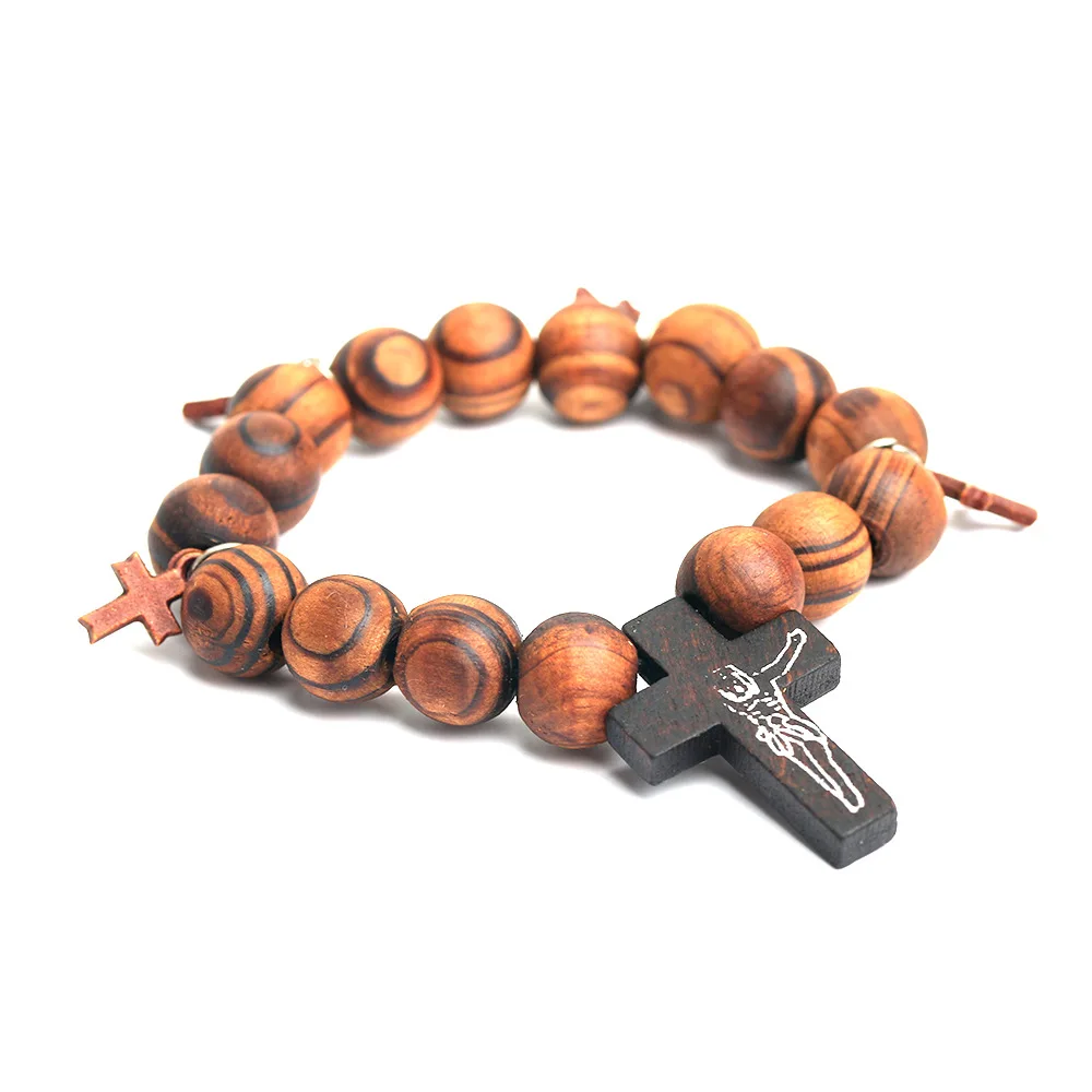 Christ Jesus Black Cross Bracelet Natural Wood Beads Beaded Elastic Bracelet Cross Bracelet Religious Bracelet Wholesale