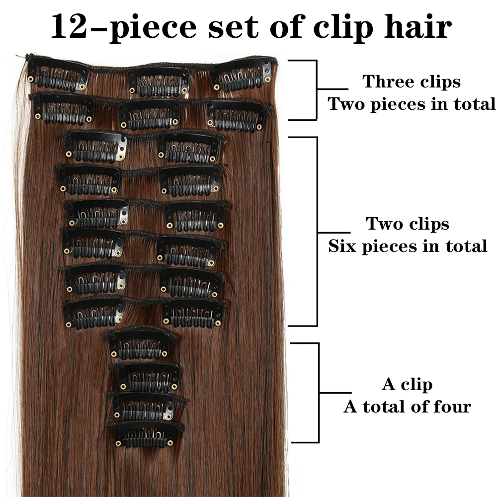 AZIR 12Pcs/Set 22 Clips Long Straight Synthetic Hair Extensions Clips In High Temperature Fiber Black Brown Hairpiece