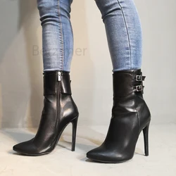 BERZIMER FASHION Ankle Boots for Women Side Zip Stiletto Heels Booties Zapatos Mujer Ladies Shoes Woman Large Size 45 47