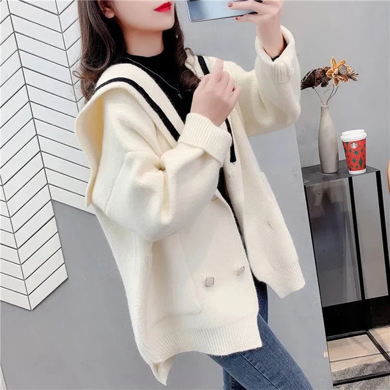 

Осенне-зимний шикарный двубортный кардиган с матросским воротником, модный однотонный студенческий вязаный свитер с карманами, Свитер оверсайз