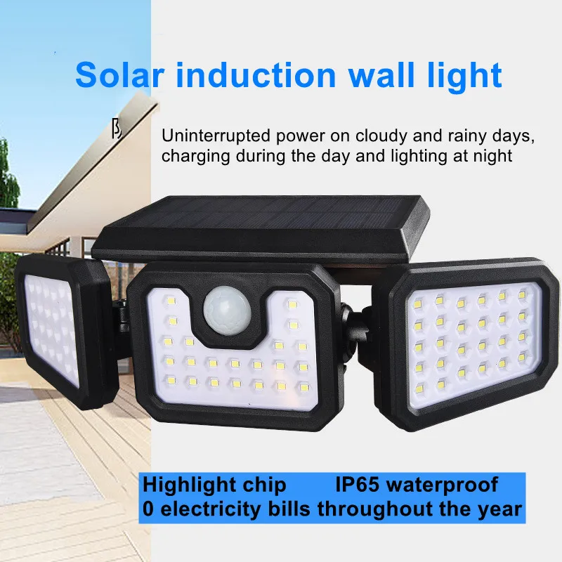 IP65 Outdoor solar energy induction courtyard wall lamp three head integrated 360 degree dimming outdoor LED folding aisle lamp