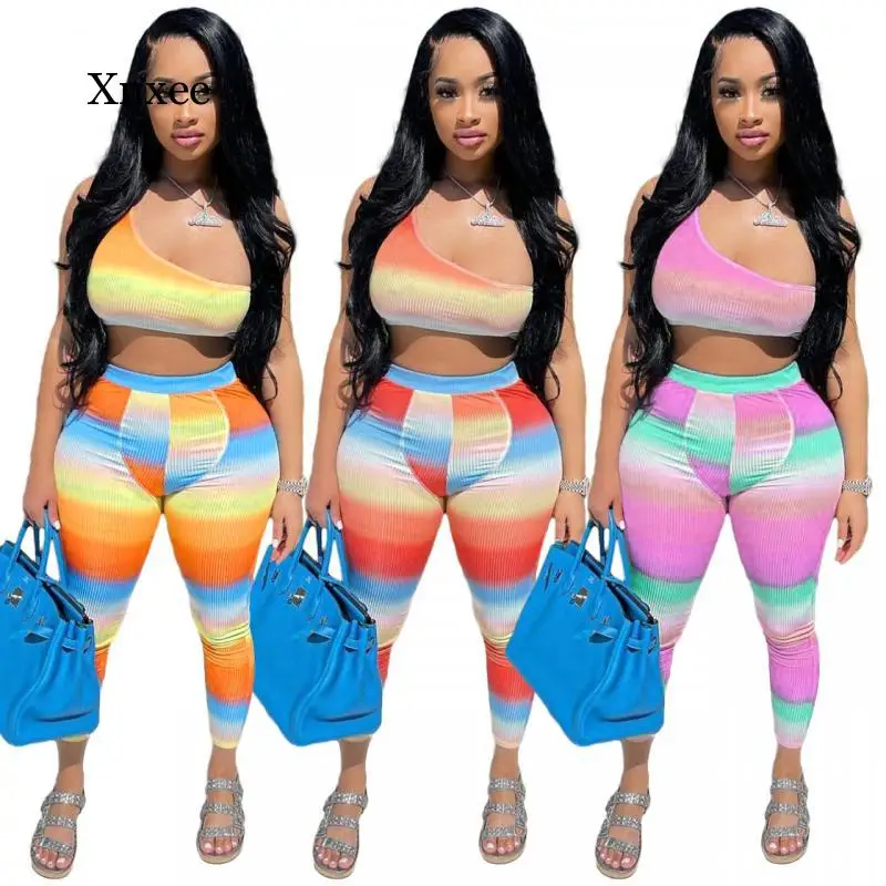 Ribbing Knited Ie-Dye Printed 2-Piece Set Trousers One-Shoulder Crop Top Suit Women Sports Outfits Fashion Casual Slim Pants Kit