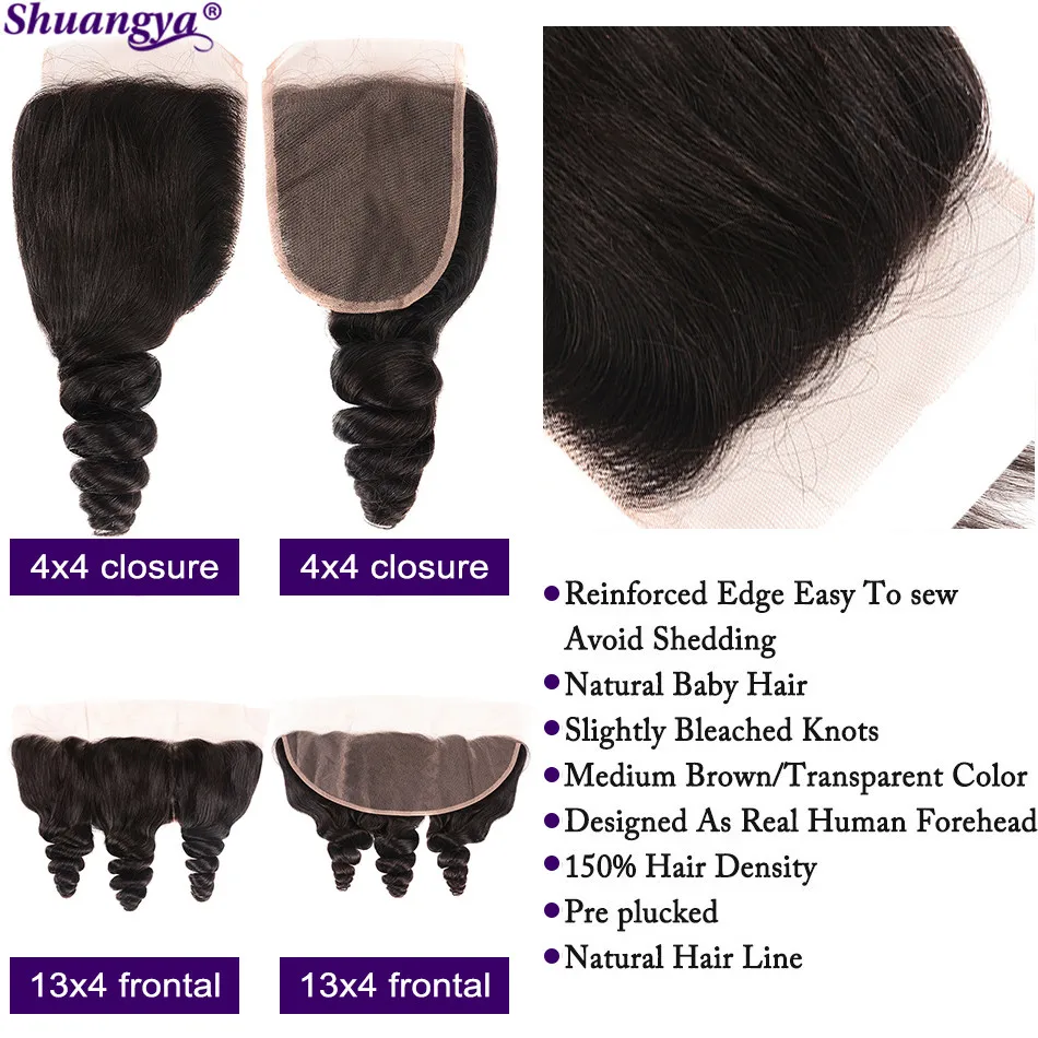 Brazilian Loose Wave Bundles With Frontal Transparent Lace Frontal With Bundles Shuangya Hair 100% Remy Human Hair Natural Black