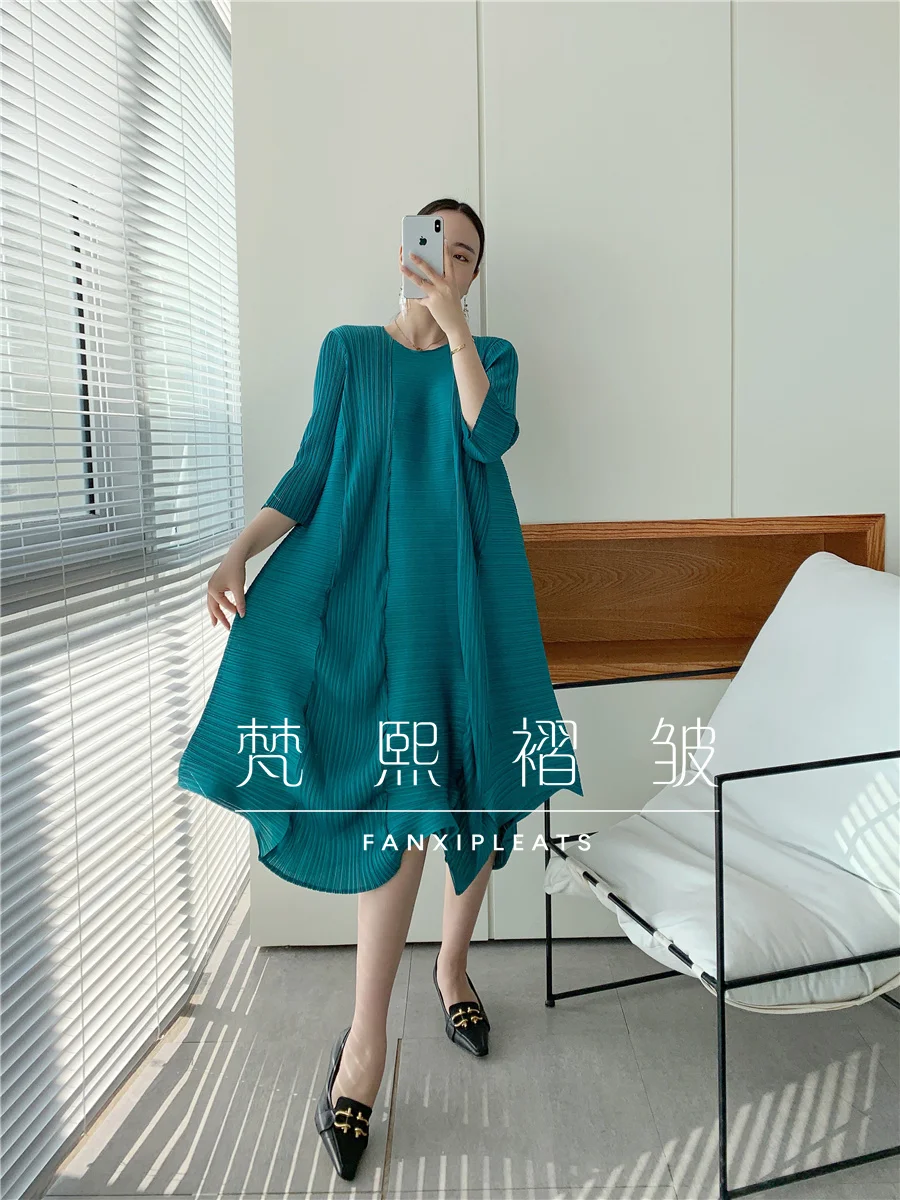 

HOT SELLING Miyake fashion pleats dress three quarter solid color o-neck loose dress IN STOCK