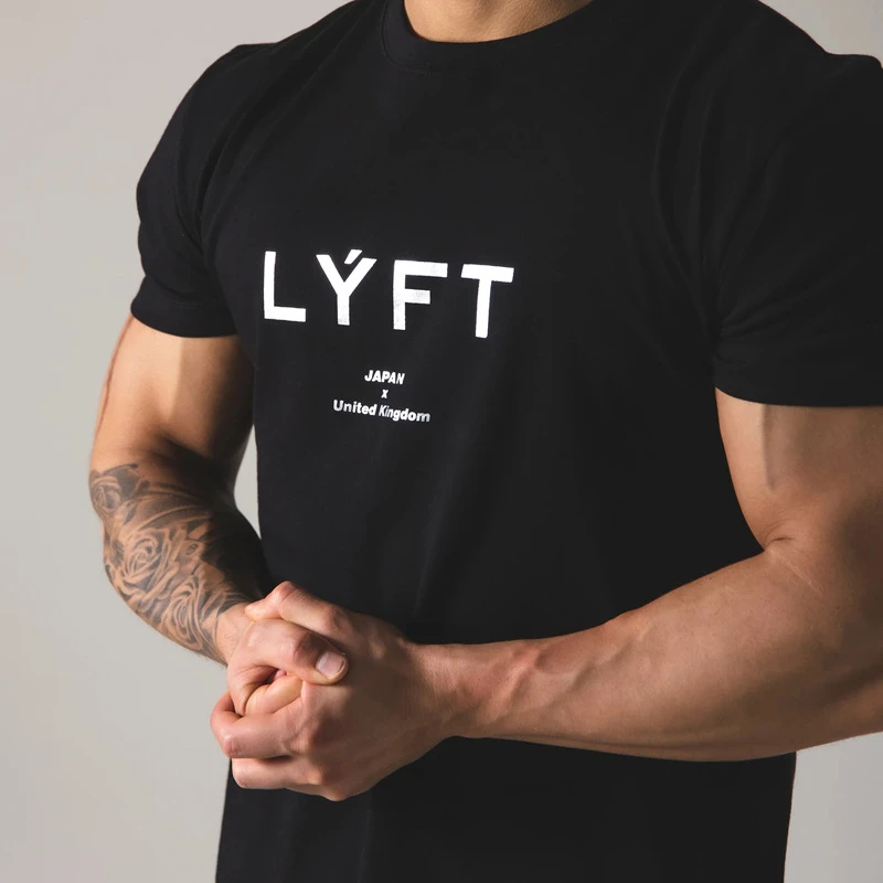 일본 LYFT 남성용 러닝 티셔츠, 반팔 코튼 티셔츠, 캐주얼 프린트 티셔츠, 체육관 피트니스, 보디빌딩 운동, 남성 티 탑