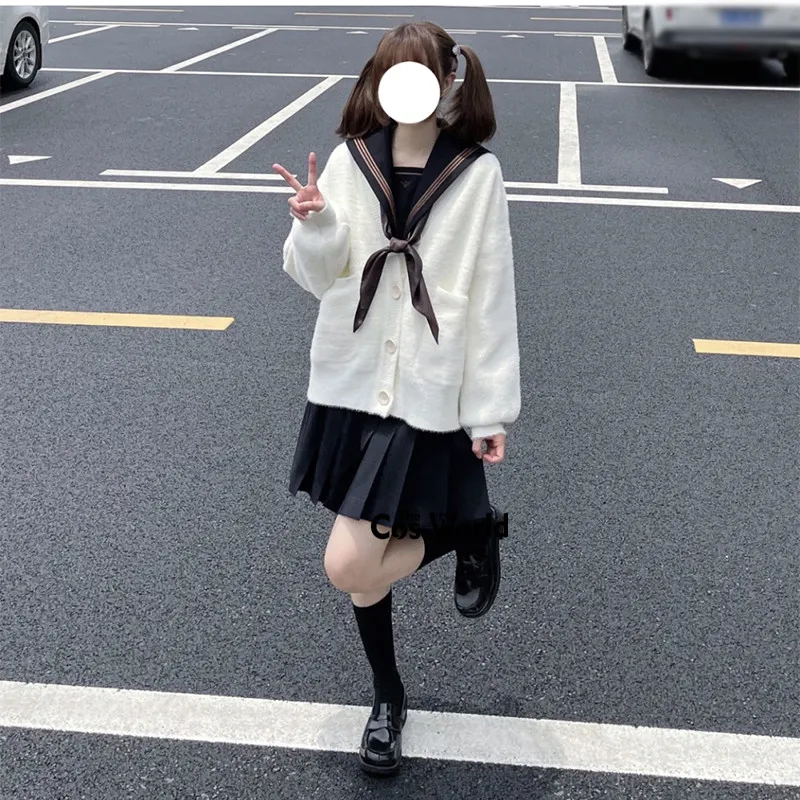 Cárdigan de punto de manga larga, suéter peludo y dulce de invierno japonés, cuello en V, prendas de vestir para uniforme escolar JK DK, ropa para estudiantes