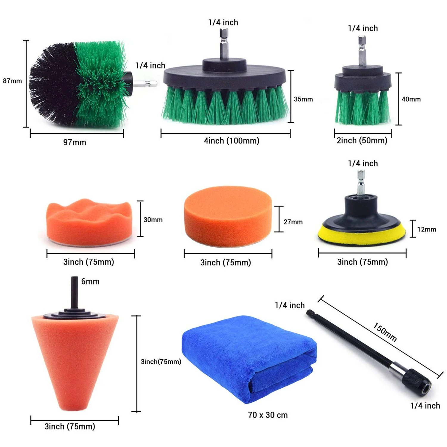 Drill Brush Sponge Kit Medium Stiff Cleaning Brushes for Car Wheel Tile Kithen Wave Waxing Sponge Cone Cleaning Sponge 9 Pcs/Set