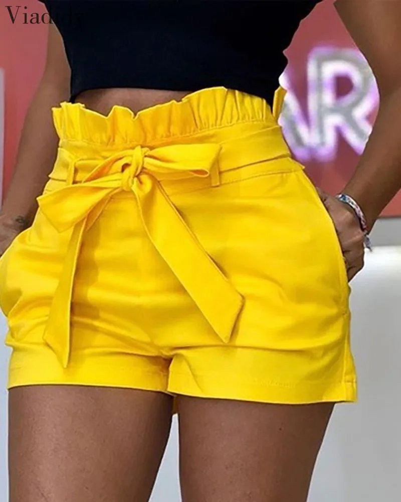 Women Frills High Waist Shorts  Solid Color Pockets Short Pants With Belt