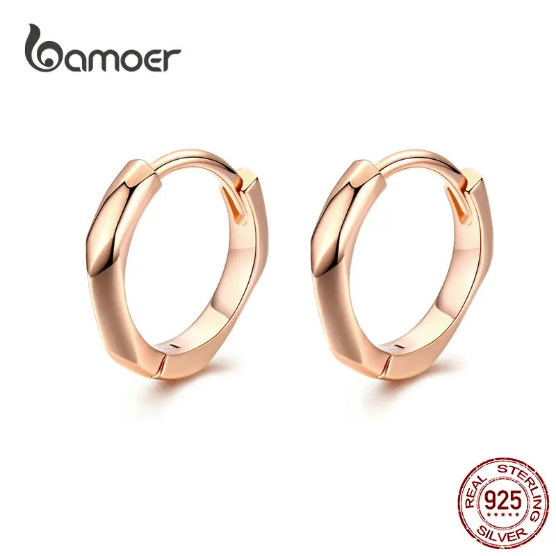 BAMOER Tiny Hoop Earrings for Women Rose Golden 925 Sterling Silver Geometric Simple Ear Hoops Minimalist Fine Jewelry BSE119