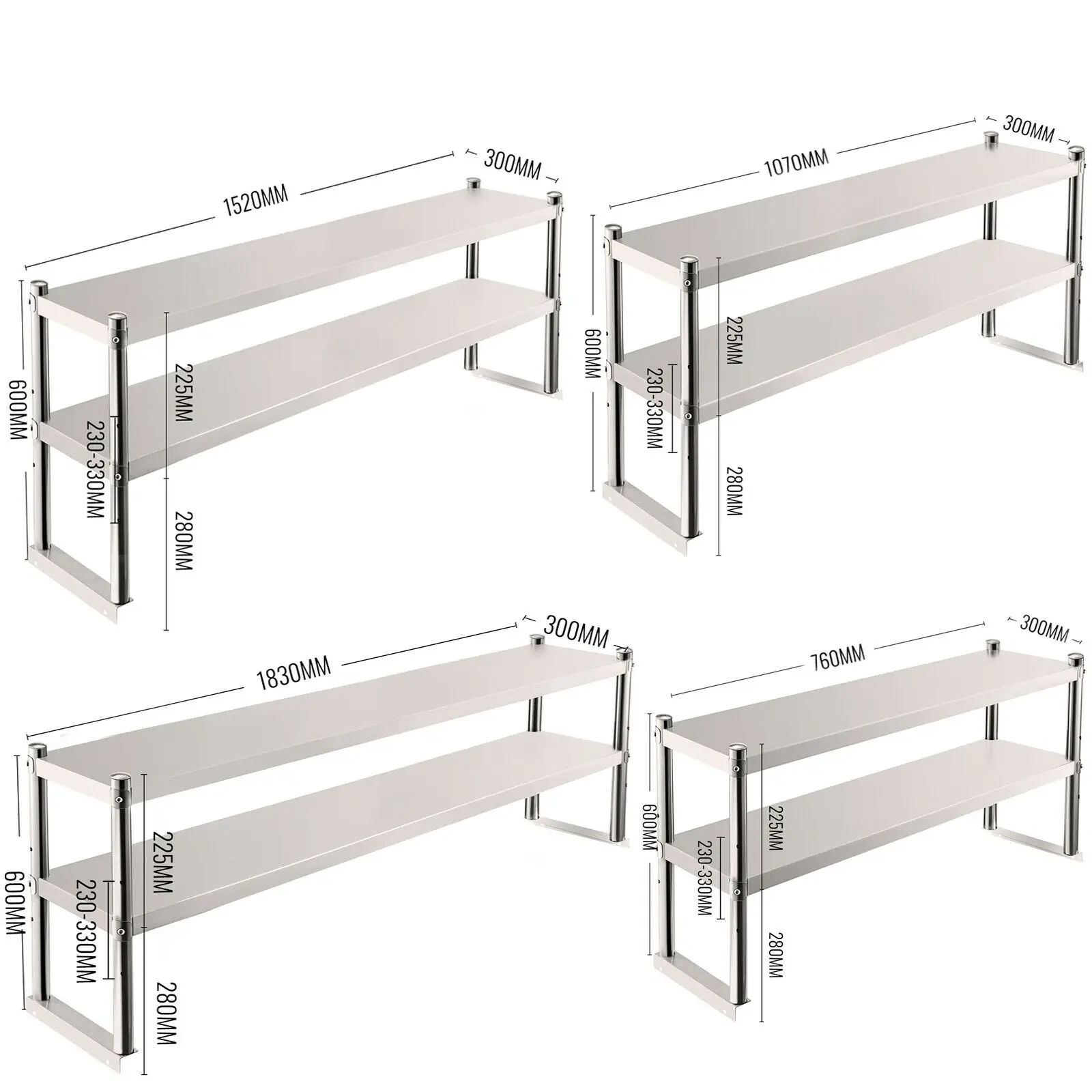 VEVOR Stainless Steel Kitchen Work Table Professional 7 Types Double Overshelf Adjustable Lower Shelf Use for Home Commercial
