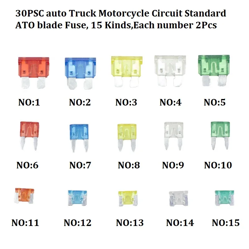 Смешанный набор мини-предохранителей 10A, 15A, 20A, 25A, 30A для автомобилей, мотоциклов