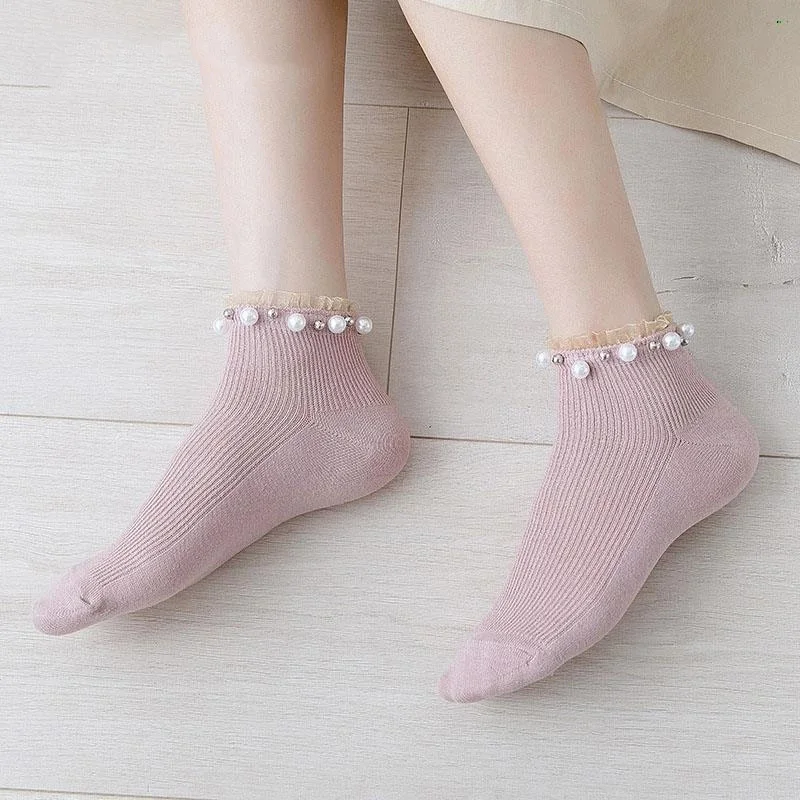 1 Pair Womens Socks Lace Pearl Candy Color Breathable Ankle Socks Cotton Sweet Cute Fashion Boat Socks Korea Style Casual Solid