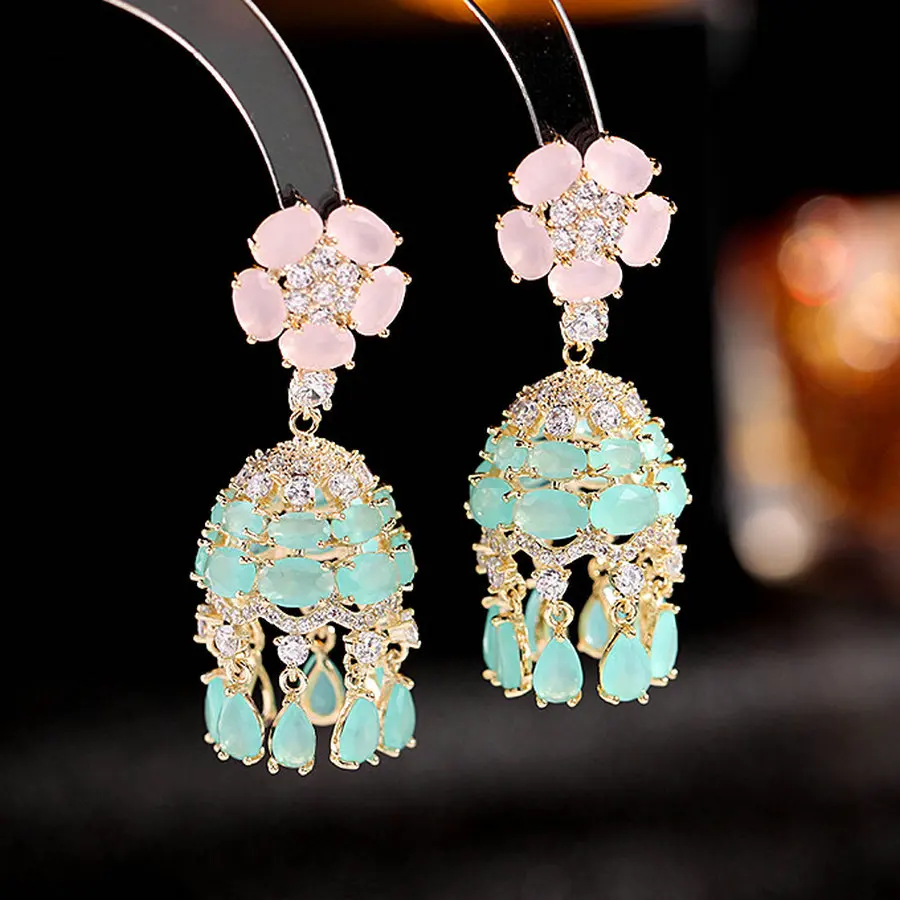 1 Pair Flower Wind-Bell Drop Earrings Waterdrop Tassel Luxury Vintage Earrings Women Party Accrssory 3 Color