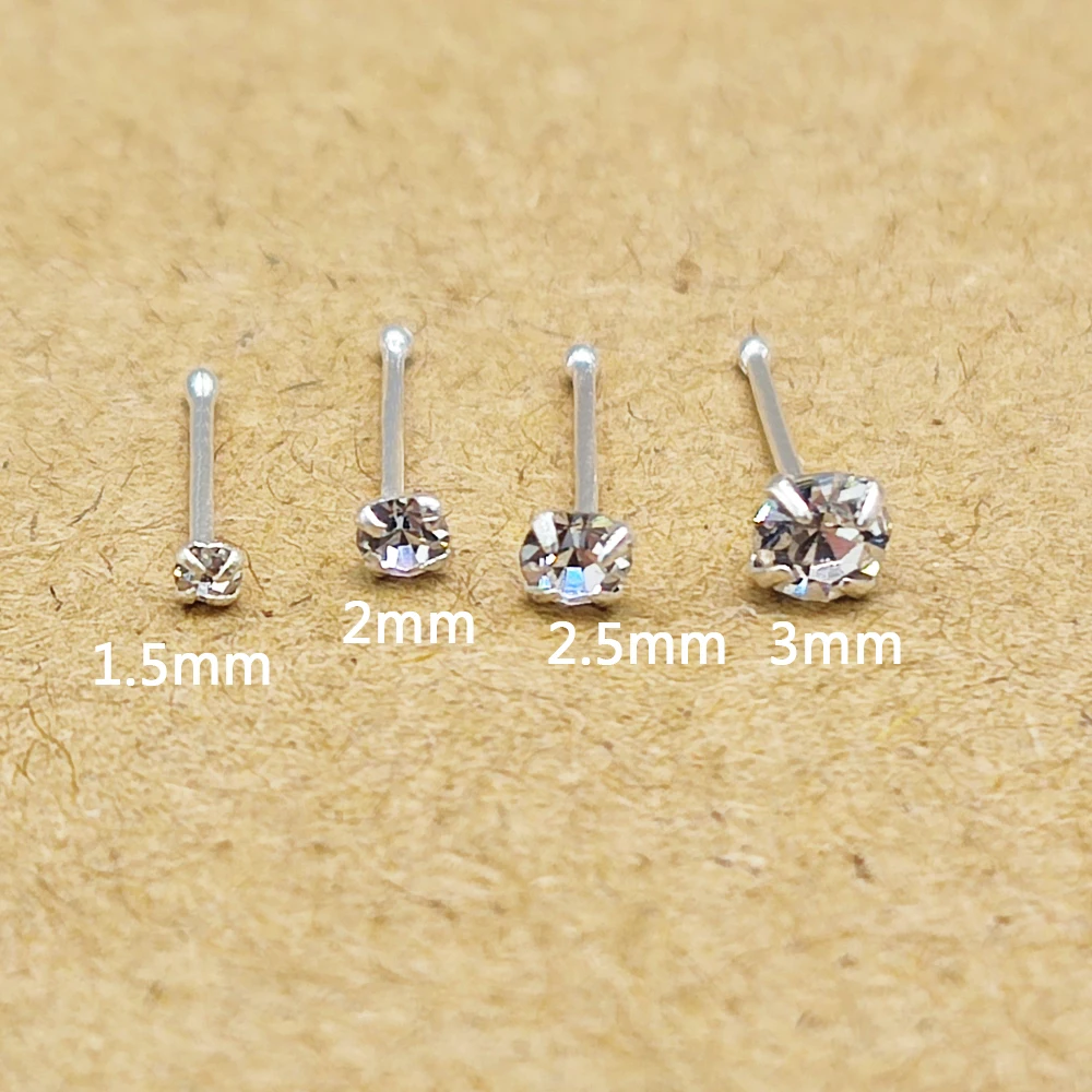 50pcs/lot Nose Pin Piercing 925 Sterling Silver 1.5mm 2mm 2.5mm 3mm Round Clear Crystal Nose Studs Rings nariz  Piercing Jewelry