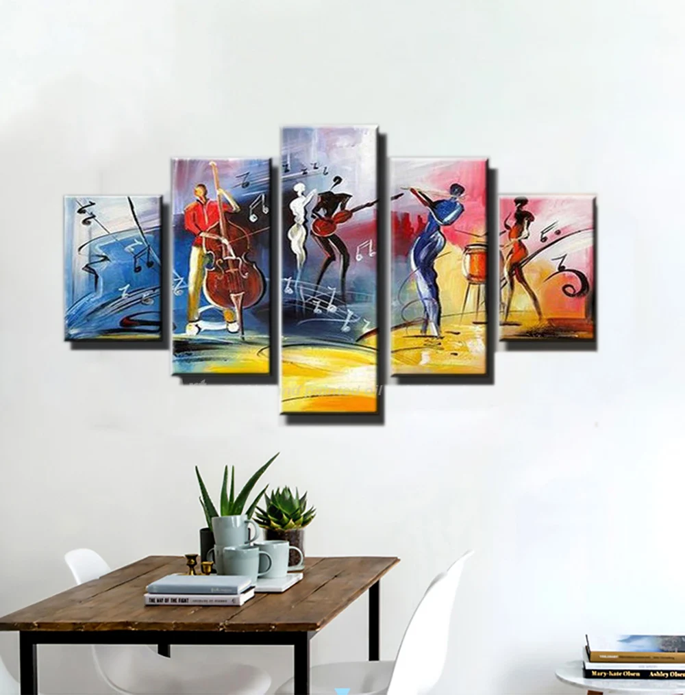 Free shipping modern abstract figure painting painted 5 piece canvas wall art music jazz art picture oil painting  living room