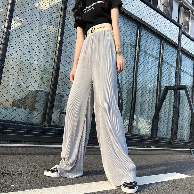 Women High Waist Pants Summer Ice Silk Knitted Straight Trousers Streetwear Loose Casual Long Wide Leg Solid Color Pants Femme