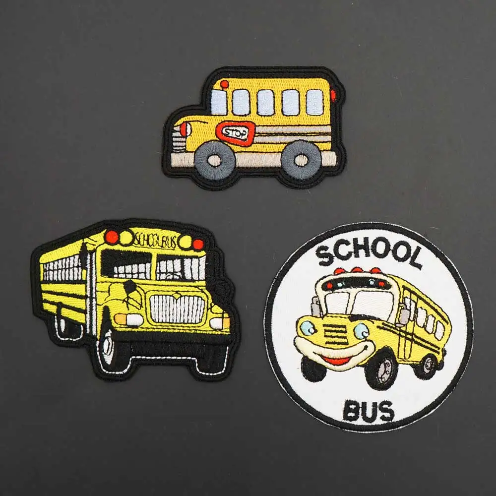 Cartoon School Bus Iron On Backing Embroidered Clothes Patches for Clothing Jeans Backpacks Garment Wholesale