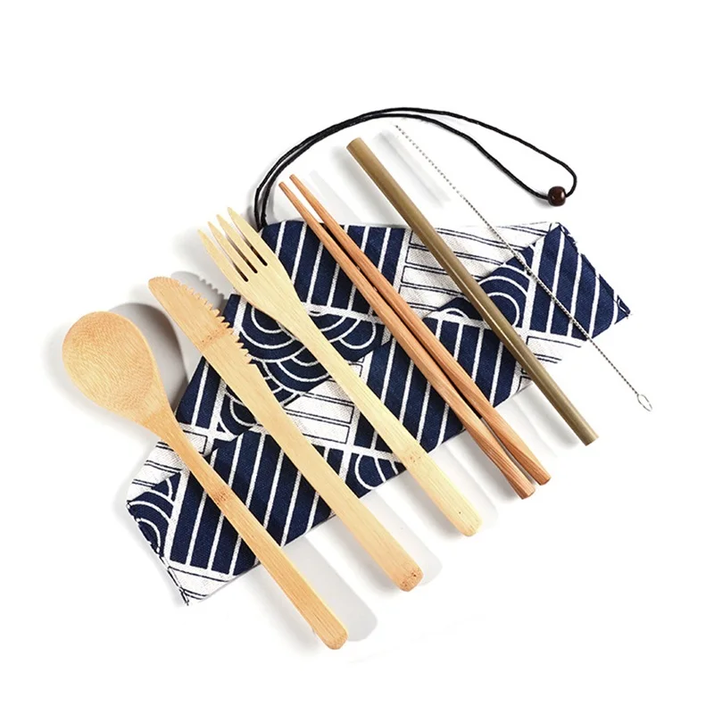 Natural Ecological Biodegradable Bamboo Tableware 6pc set Cloth Bag Kitchen Accessories knife+Chopsticks+Fork+Spoon+Straw+Brush