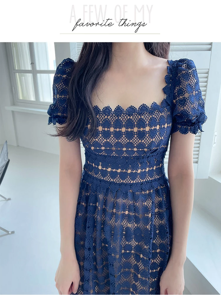 SMTHMA New Arrive Women Lace Hollow Out Long Dress High Waist Square Collar Short Sleeve Female Temperament Big Swing Dress