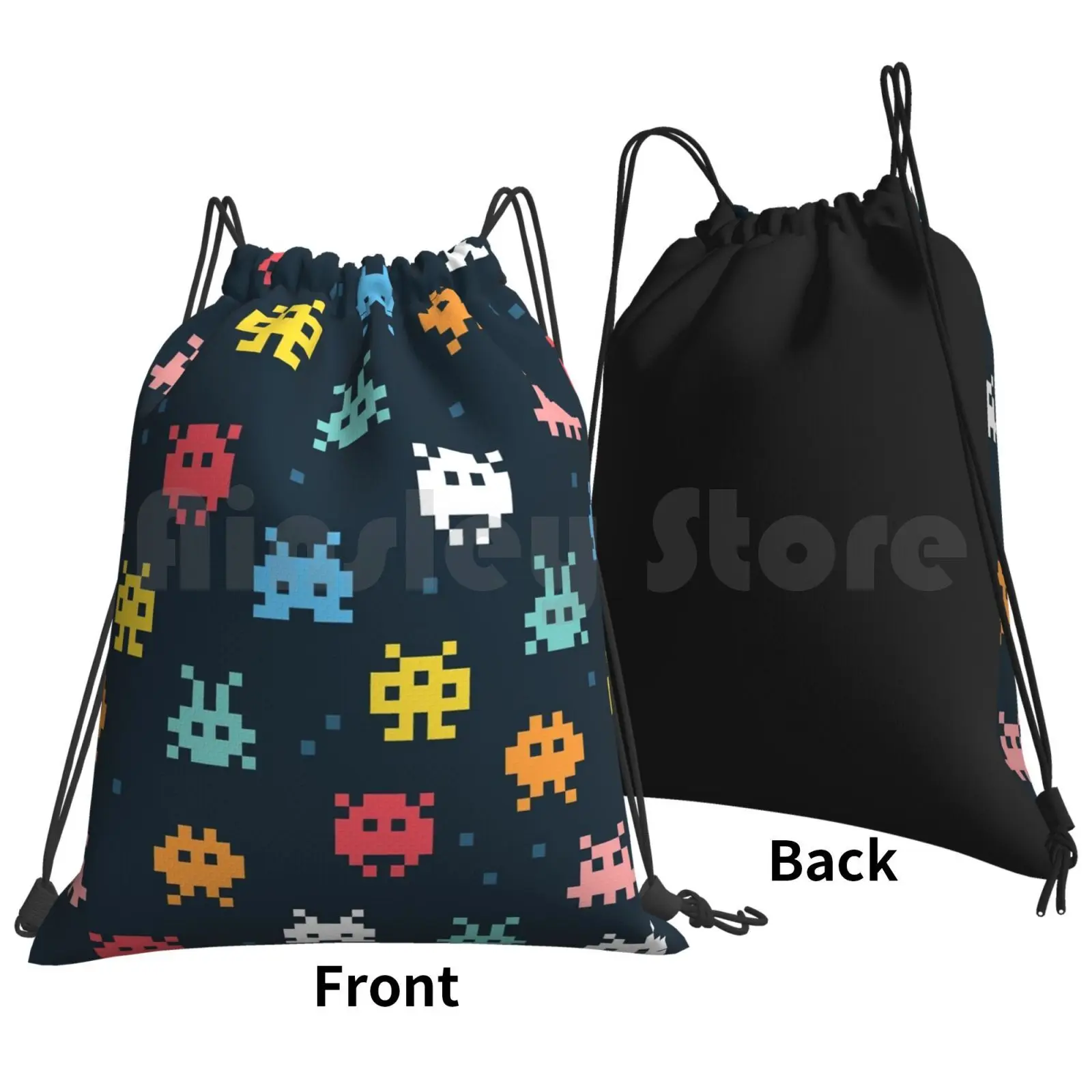 Pixel Pixel Monsters Backpack Drawstring Bags Gym Bag Waterproof Retro Space Space Invaders Arcade Invaders Game Geek