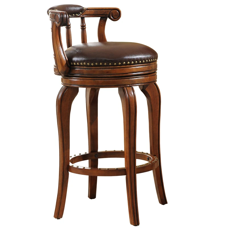 European Style Bar Chair Leather High Stool Solid Wood Bar Stool High Swivel Chair