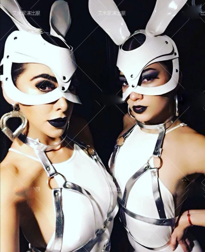 Nightclub rabbit ears white leather mask hollow high fork Siamese gogo costumes