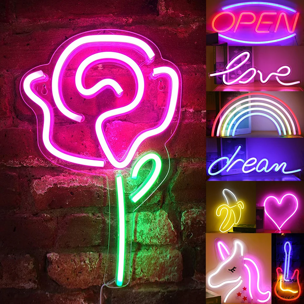 USB Rose Flower LED Neon Sign with Acrylic Back Panel Bedroom Decor Wall Sign Cool Light Party Holiday Neon Light Hanging Lamp