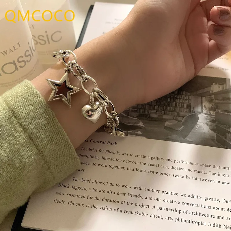 QMCOCO Silver Color Bracelet For Women New Trendy Punk Vintage Couples Creative Star Love Heart-Shape Pendant  Jewelry Gifts